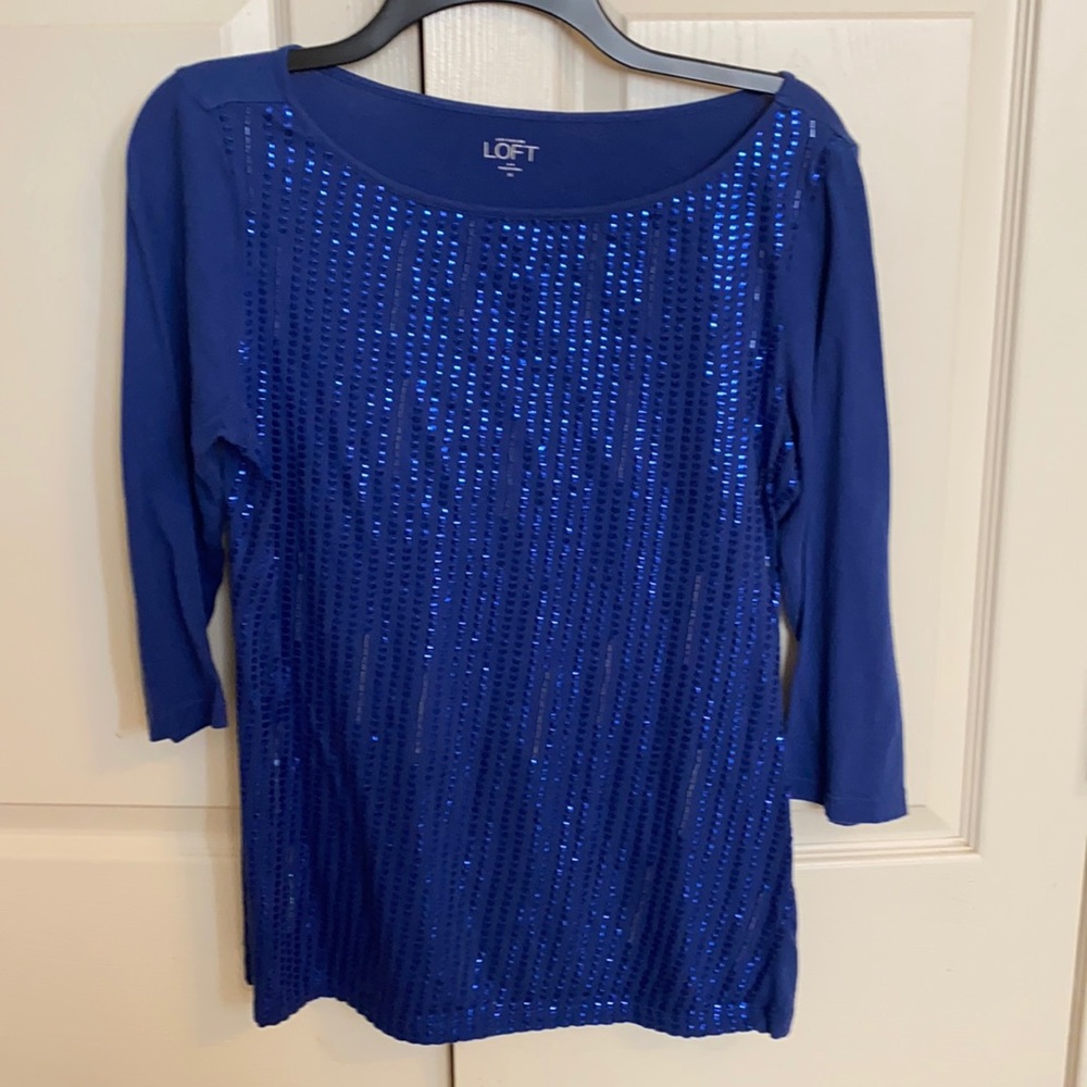 Loft, blue with sequin/bead detail, size M shirt